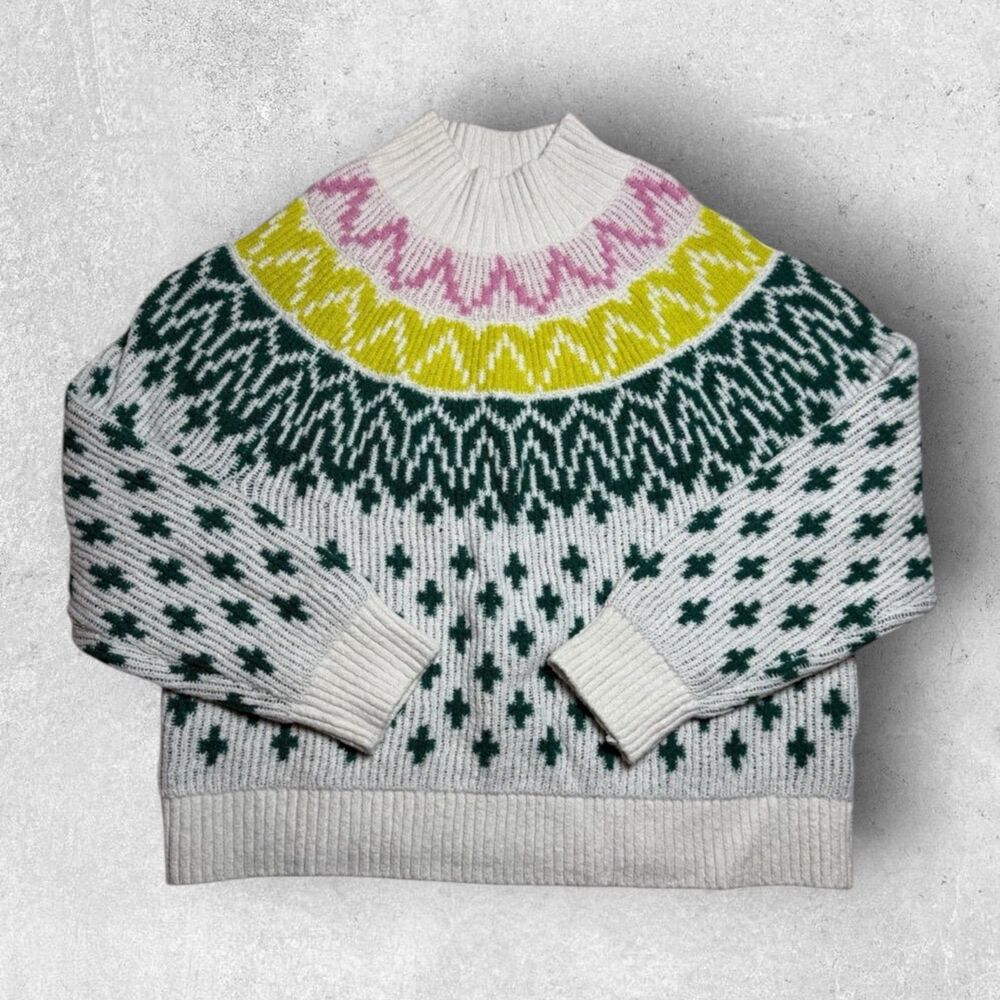 Old Navy Womens Fair Isle Knit Sweater Size L Pullover Boho White Multicolor